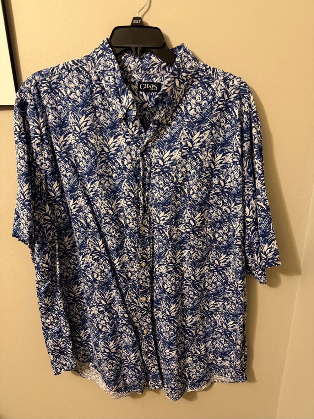 Chaps Blue and White Pineapple-Print Short Sleeve Button-Down Shirt